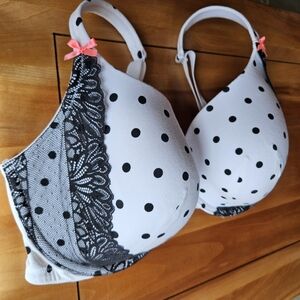 Cacique Lightly Lined T-Shirt Bra 40F Front Clasp White with Black Dots